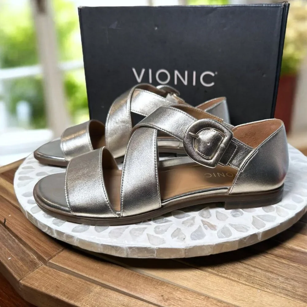 Vionic Pacifica Supportive Orthotic Sandal Gold Metallic Leather Women’s 9 Wide